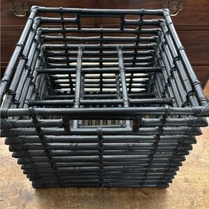 Vintage chinoiserie black bamboo 9 sectioned wine holder rack crate